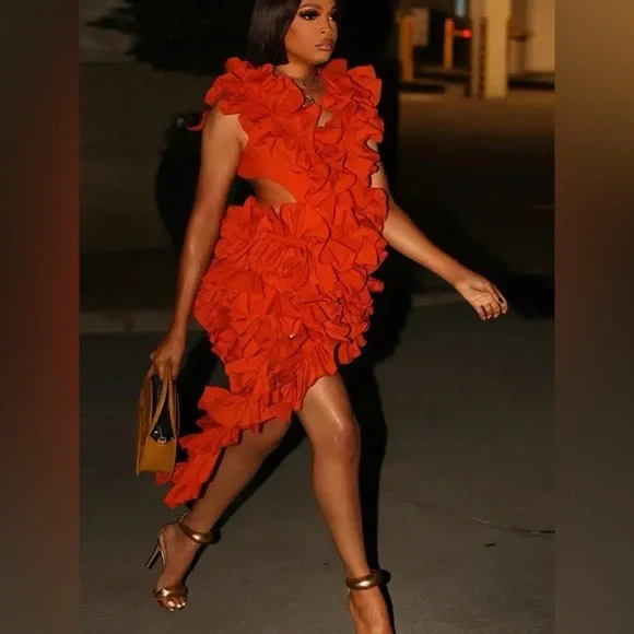 Elegant Ruffle Statement Mini Dress – Off-Shoulder Layered Halter Cocktail Dress - Picture 10 of 13